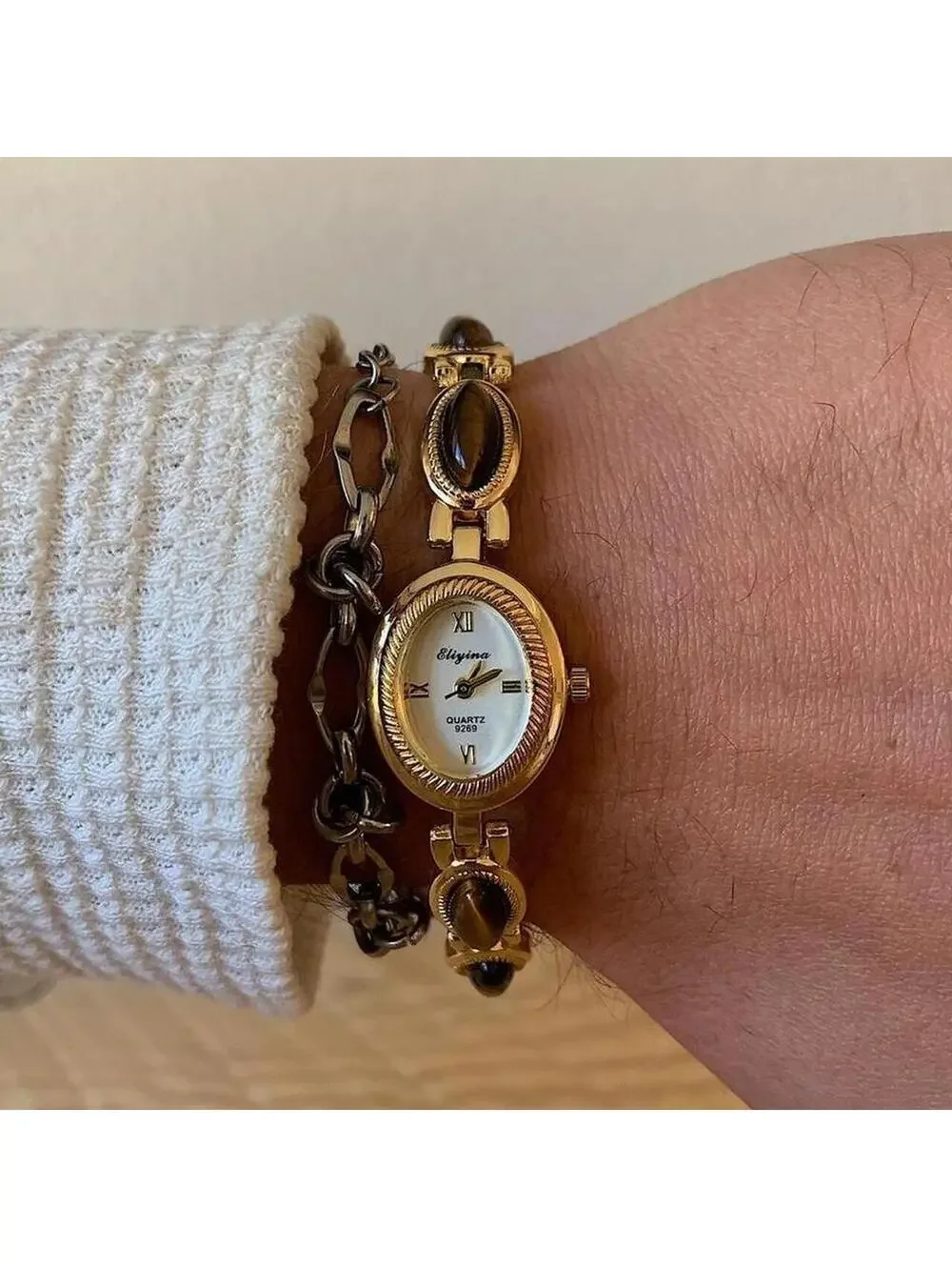 Y2k style Dainty cute Gold style tone quartz watch with brown jade stone opal